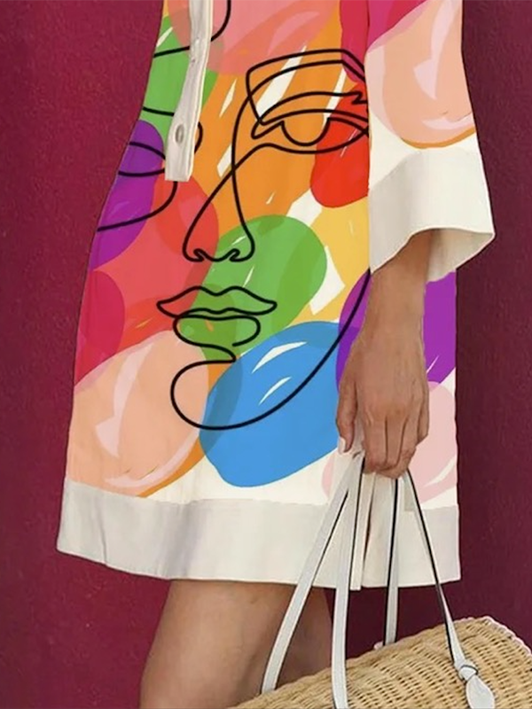 Loose Three-Quarter Sleeves Buttoned Contrast Color Figure Printed Lapel Collar Mini Dresses 119877 Loose Three-Quarter Sleeves Buttoned Contrast Color Figure Printed Lapel Collar Mini Dresses 119877