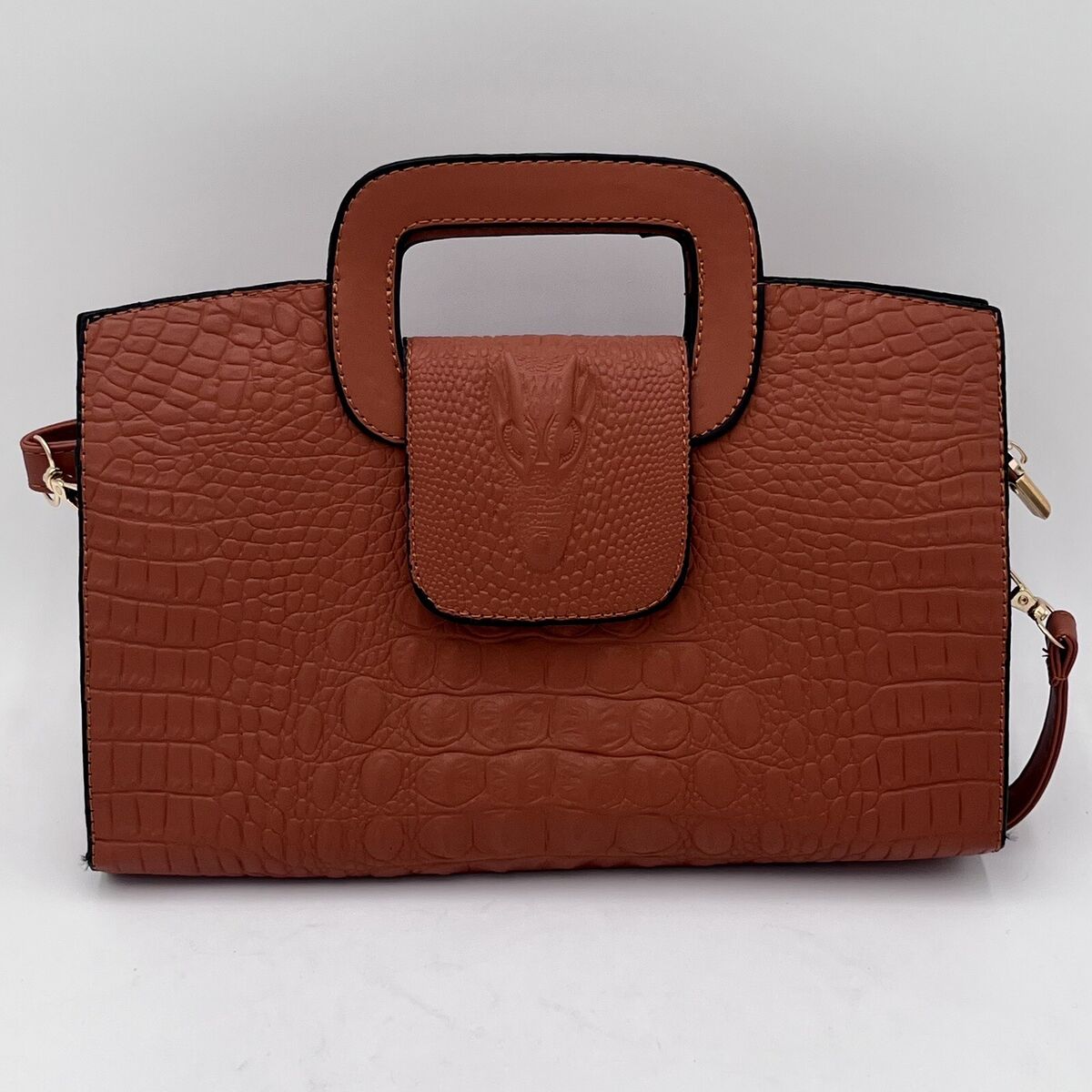 Camel Brown Faux Leather Clutch Shoulder Bag with Dragon Head Detail S394461 Camel Brown Faux Leather Clutch Shoulder Bag with Dragon Head Detail S394461