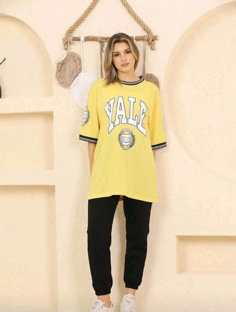 MODAGEN Women's Beige Yale Logo Printed Oversize T-shirt TB2126 MODAGEN Women's Beige Yale Logo Printed Oversize T-shirt TB2126