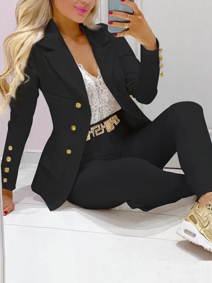 Office Wear Women Suit Autumn New Double Breasted Long Sleeve Turn-down Collar Blazers + Solid High Waisted Pant Outfits S 028131912 - Tuzzut.com Qatar Online Shopping