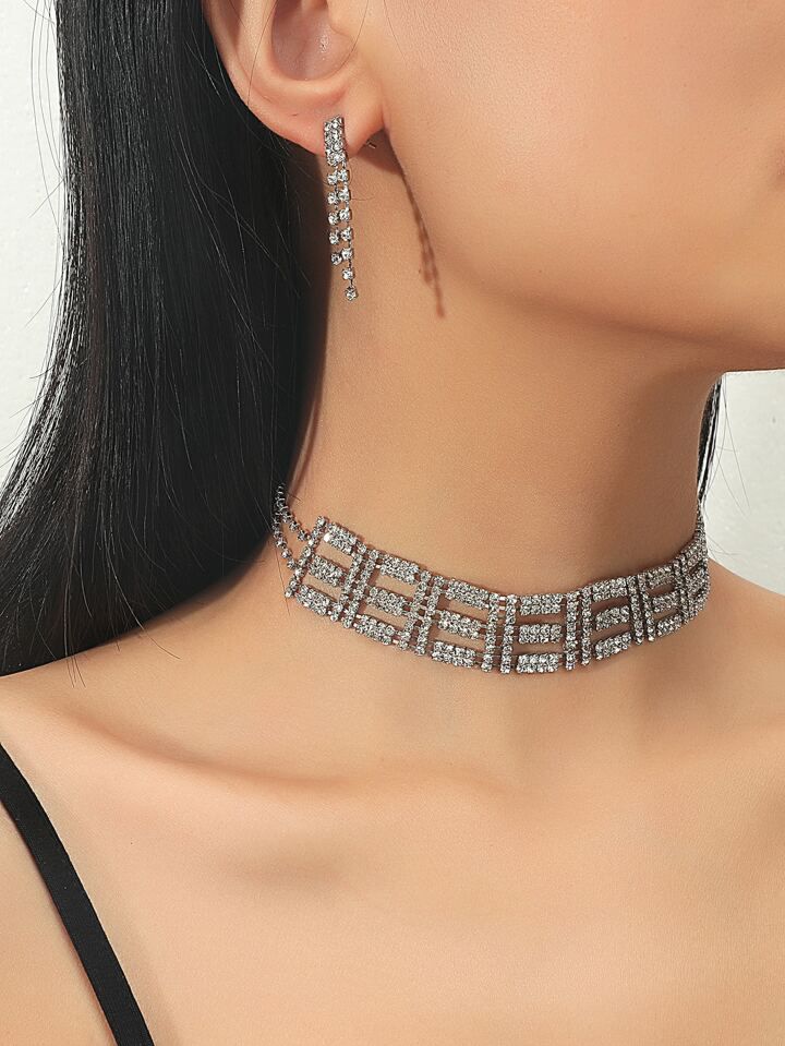 Rhinestone Decor Necklace & 1pair Drop Earrings - Tuzzut.com Qatar Online Shopping