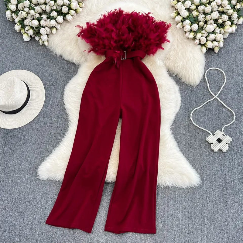 Strapless Long Romper Women Clothing Summer 2023 Slim Sexy Wide Leg Jumpsuit Women Overall Feather Fur Fringed Playsuit S4873287
