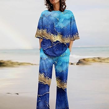 Women 2 Piece Short Sleeve Printed Top and Straight Leg Trousers 0701497 Women 2 Piece Short Sleeve Printed Top and Straight Leg Trousers 0701497