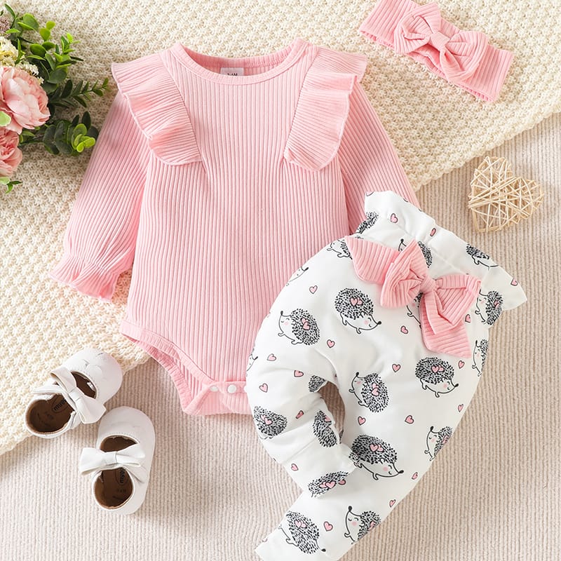 Simple Fashion Pink Ruffled Cotton Pit Strip Print Top + Bow and Cute Little Hedgehog Print Trousers 9-12 Months 20021033