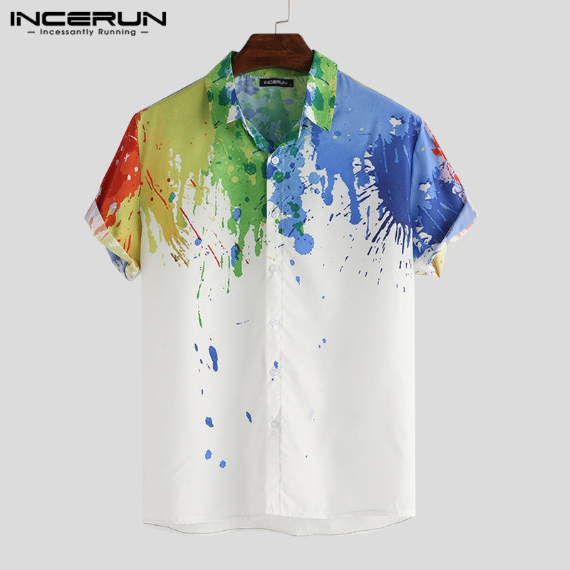 INCERUN Men Printed Colorful Shirt Casual Short Sleeve Button XL S4096108 - Tuzzut.com Qatar Online Shopping