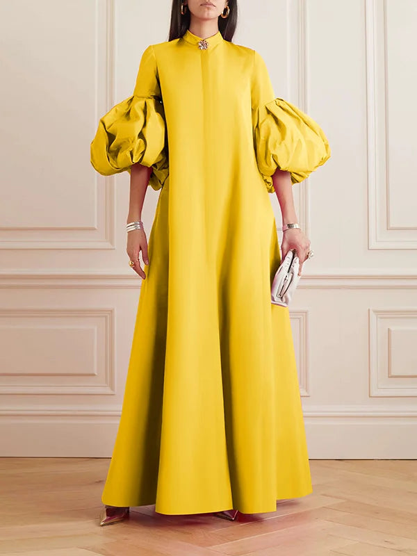 Loose Flower Shape Solid Color Stand Collar Lantern Sleeves Maxi Dresses 126174 Loose Flower Shape Solid Color Stand Collar Lantern Sleeves Maxi Dresses 126174