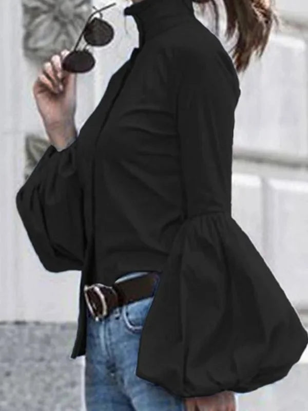Urban Solid Color Stand Collar Puff Sleeves Blouse 92151 Urban Solid Color Stand Collar Puff Sleeves Blouse 92151