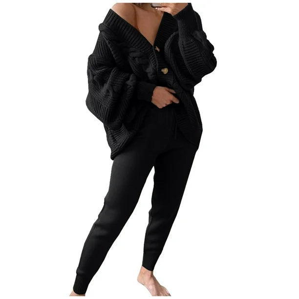 Knitted Cardigan and Slim High Waisted Pants Lounge Set 28022 - TUZZUT Qatar Online Shopping