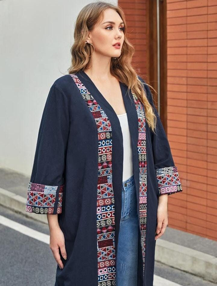 Najma CURVE Plus Geo Print Roll Up Sleeve Open Front Abaya     S3455290 - TUZZUT Qatar Online Shopping