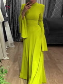 Ruffle Sleeves Skinny Belted Solid Color Round-Neck Maxi Dresses 137459