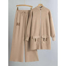 Designer Suit Zipper Loose Knit Sweater Long Top+Drawstring Wide Leg Pant SP55 - TUZZUT Qatar Online Shopping