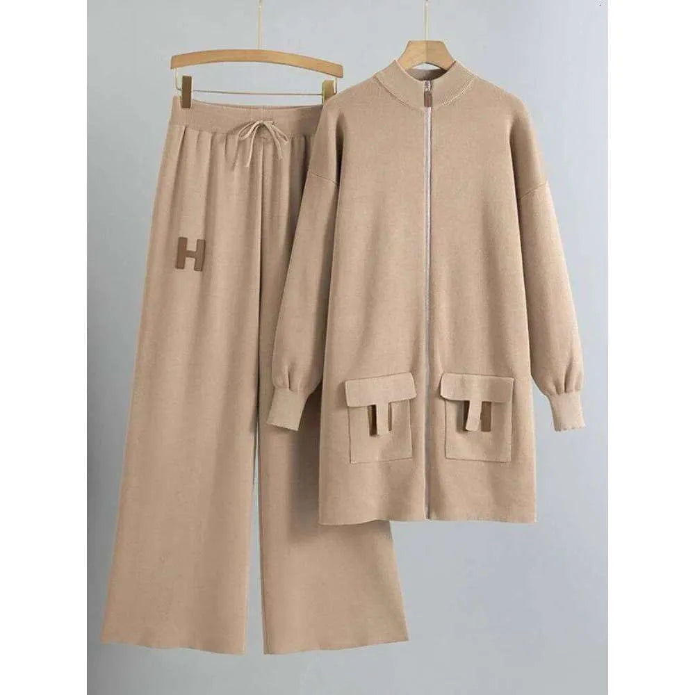 Designer Suit Zipper Loose Knit Sweater Long Top+Drawstring Wide Leg Pant SP55 Designer Suit Zipper Loose Knit Sweater Long Top+Drawstring Wide Leg Pant SP55