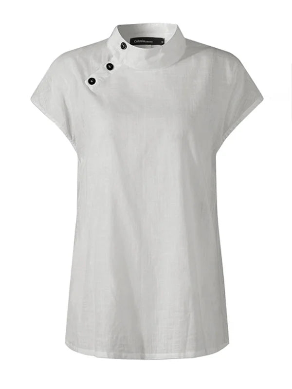 Solid Color Stand Collar Cap-Sleeve Shirts M 84523 Solid Color Stand Collar Cap-Sleeve Shirts M 84523