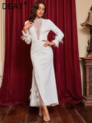 Women's Fashion Evening Dress O-neck Patchwork Gauze Long Sleeve Feather Slim Elegant Party Dresses Autumn B-44755 - Tuzzut.com Qatar Online Shopping