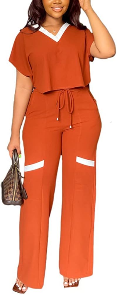 Women's Two Piece Causal Loose Suits Short Sleeve Crop Top & Drawstring Palazoo Pants Set S4978872 Women's Two Piece Causal Loose Suits Short Sleeve Crop Top & Drawstring Palazoo Pants Set S4978872
