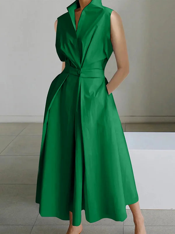Sleeveless Solid Color Lapel Midi Dresses 116618 Sleeveless Solid Color Lapel Midi Dresses 116618