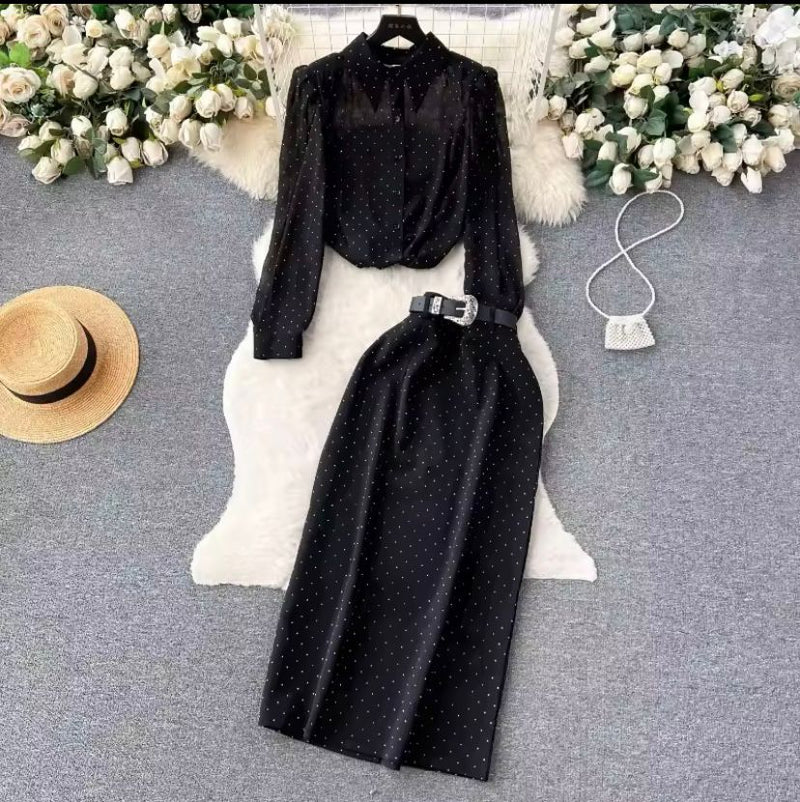 Women's Black Two-Piece Set Blouse Shirt And Belt Long Split Skirt Suit 518513 L