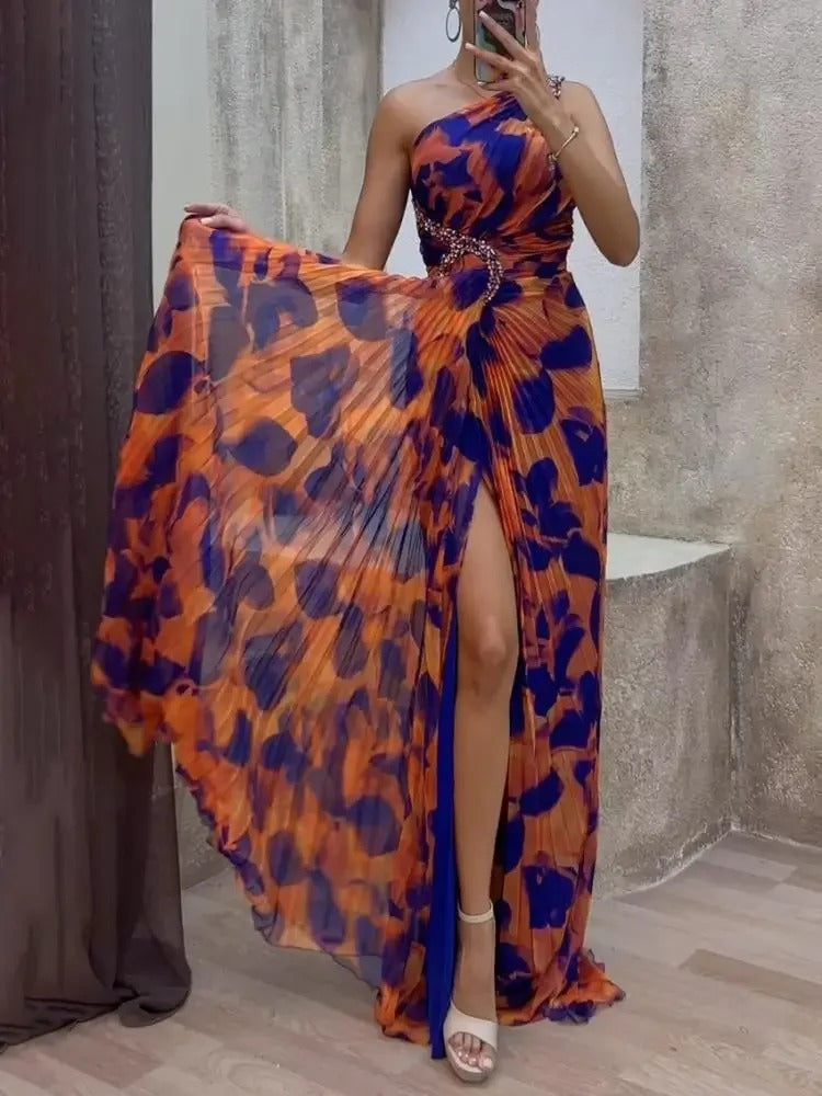 Leopard Print Rhinestone Sleeveless Pleated Side Slit Maxi Dresses 135632 Leopard Print Rhinestone Sleeveless Pleated Side Slit Maxi Dresses 135632