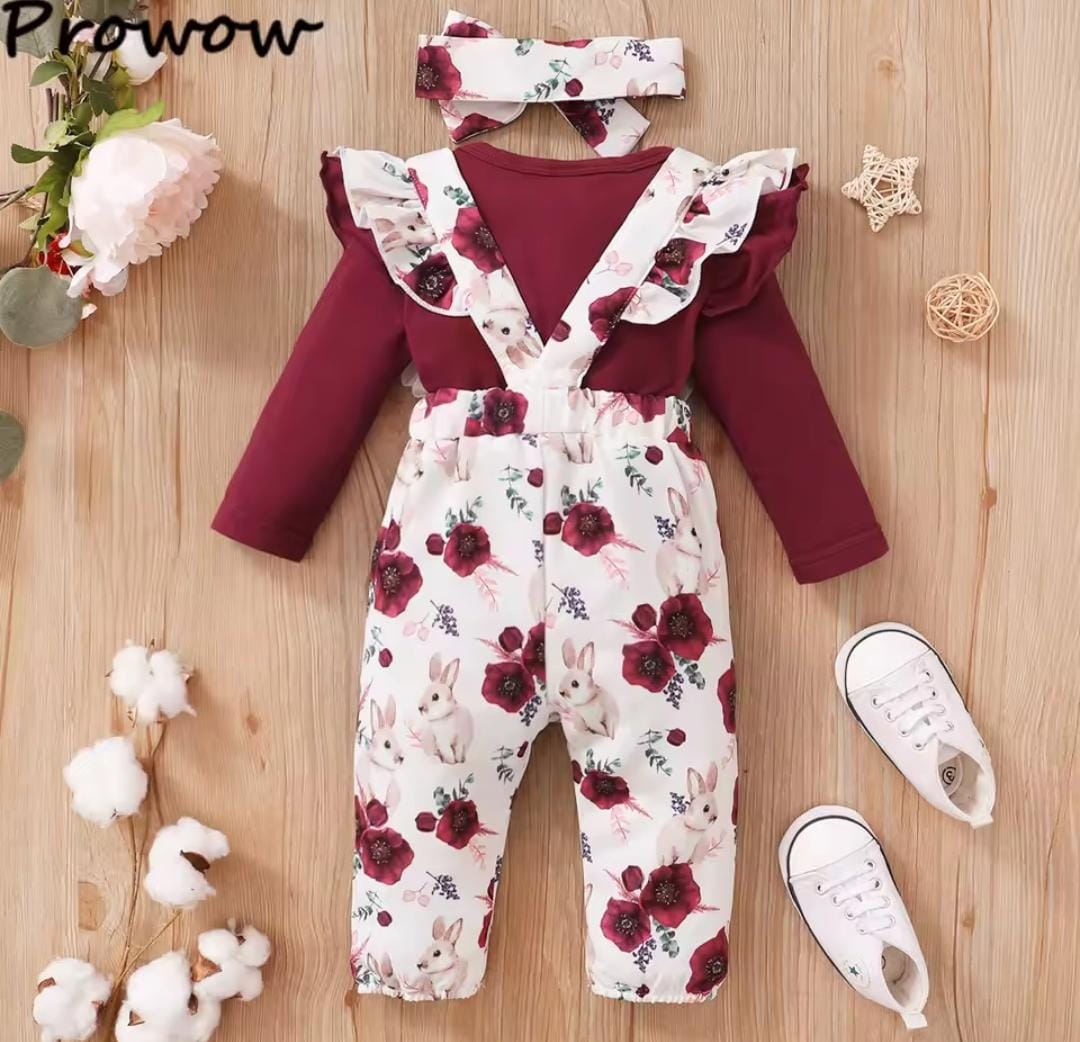 Girls Romper+Floral Rabbit Overalls Pants+Headband Sets 1378377 Girls Romper+Floral Rabbit Overalls Pants+Headband Sets 1378377