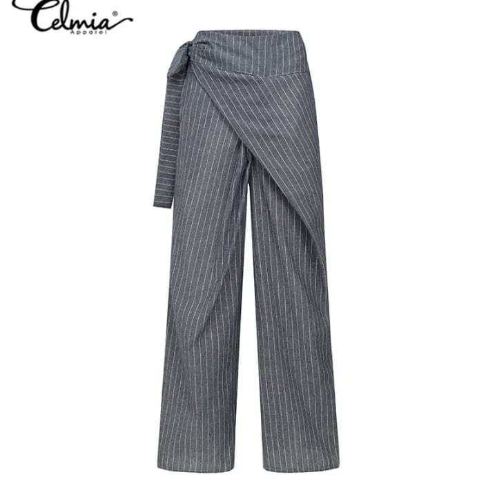 Celmia Women's Wide Leg Cotton Palazzo Pants High Waist Belted Pants Striped Pants 3XL S2390822 - Tuzzut.com Qatar Online Shopping