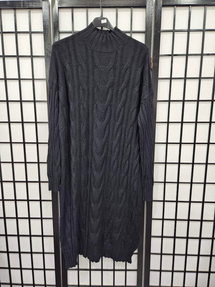 Women High Neck Twist Rope Sleeve Side Slit Knitted Sweater Dress B208773 Women High Neck Twist Rope Sleeve Side Slit Knitted Sweater Dress B208773