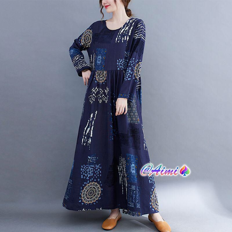 Very popular autumn print dress loose slimming round neck maxi length X3737339 Very popular autumn print dress loose slimming round neck maxi length X3737339