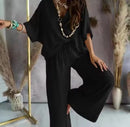 Women's V-Neck Bat Sleeve Casual Loose Wide Leg Pants Set Solid Homewear Summer 2 Way Trousers Sets  B264661 - TUZZUT Qatar Online Shopping