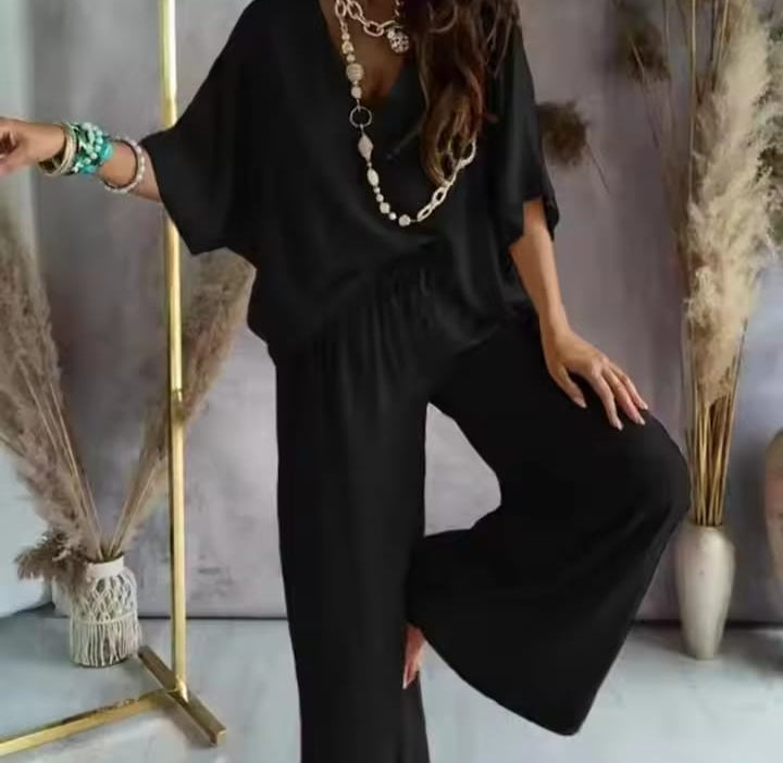 Women's V-Neck Bat Sleeve Casual Loose Wide Leg Pants Set Solid Homewear Summer 2 Way Trousers Sets B264661 Women's V-Neck Bat Sleeve Casual Loose Wide Leg Pants Set Solid Homewear Summer 2 Way Trousers Sets B264661