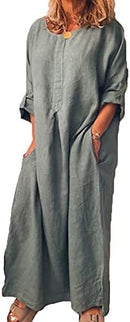 Maxi Cotton Linen Long Shirt Kaftan Dress 32354 - TUZZUT Qatar Online Shopping