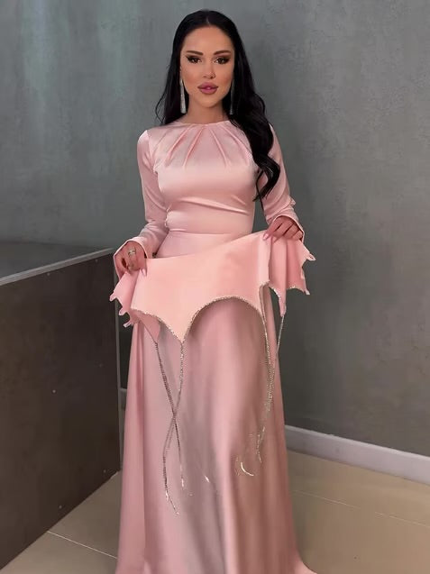 Women's Long Sleeve Solid Color Rhinestones/Gems/Crystals Modest Fashion Dress M 532021 - TUZZUT Qatar Online Shopping