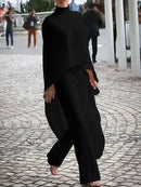 High-Low Loose Solid Color High-Neck T-Shirt Tops & Pants Two Pieces Set 115097 - TUZZUT Qatar Online Shopping