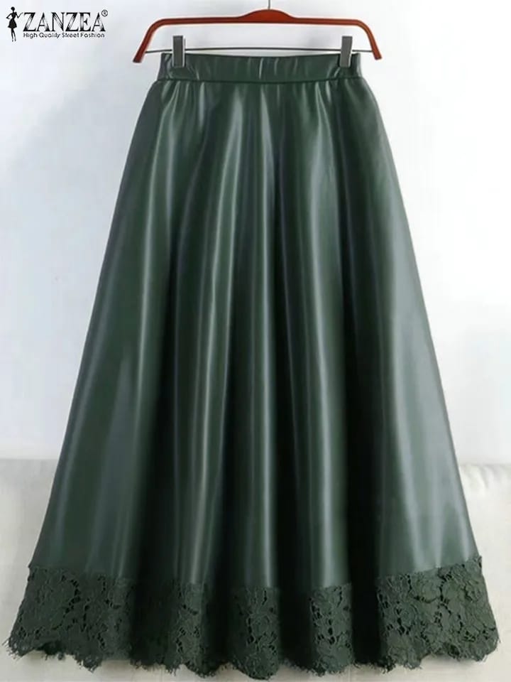 Fashion OL PU Leather Skirt Lace Patchwork Loose Jupe Oversized Spring Autumn Skirt ZANZEA Casual Solid A Line Faldas Saias S4853295 - Tuzzut.com Qatar Online Shopping