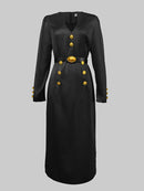 Long Sleeves Puff Sleeves Buttoned Deep V-Neck Midi Dresses 175780 - TUZZUT Qatar Online Shopping