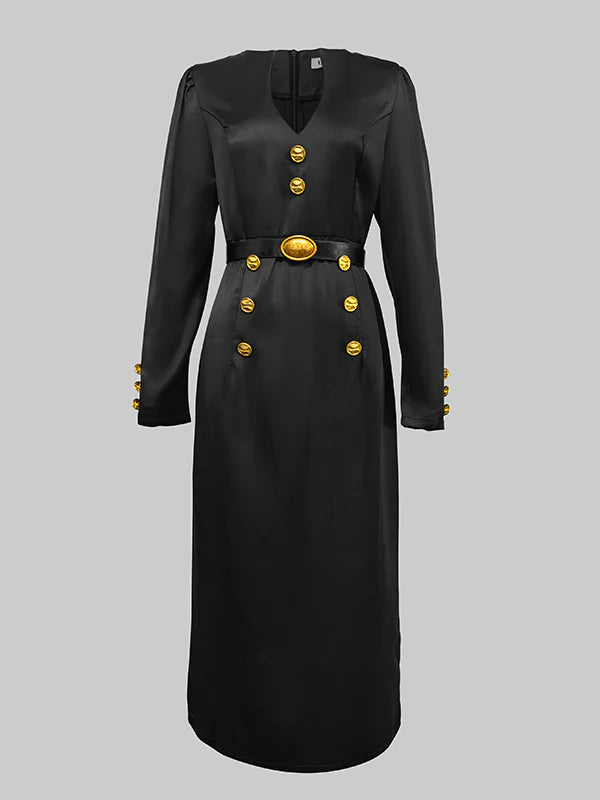 Long Sleeves Puff Sleeves Buttoned Deep V-Neck Midi Dresses 175780 Long Sleeves Puff Sleeves Buttoned Deep V-Neck Midi Dresses 175780