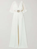 Solid color contrast v-neck jumpsuit with high waist front 164869 - TUZZUT Qatar Online Shopping