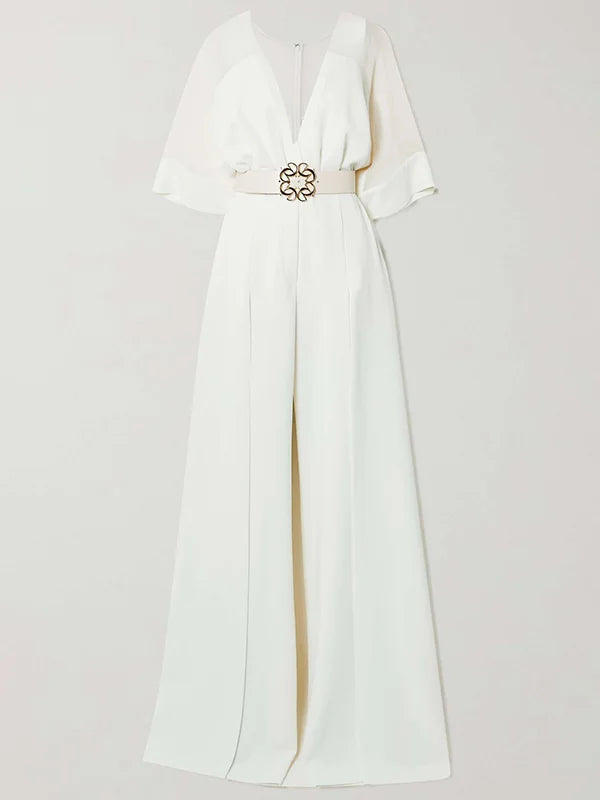 Solid color contrast v-neck jumpsuit with high waist front 164869 Solid color contrast v-neck jumpsuit with high waist front 164869