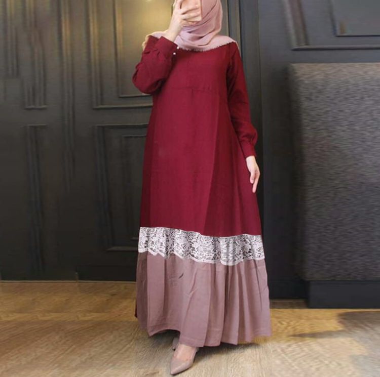 ZANZEA Muslim style Arabian style stitching lace long simple fashion loose casual A pendulum color long dress without headscarf S3136721 - Tuzzut.com Qatar Online Shopping