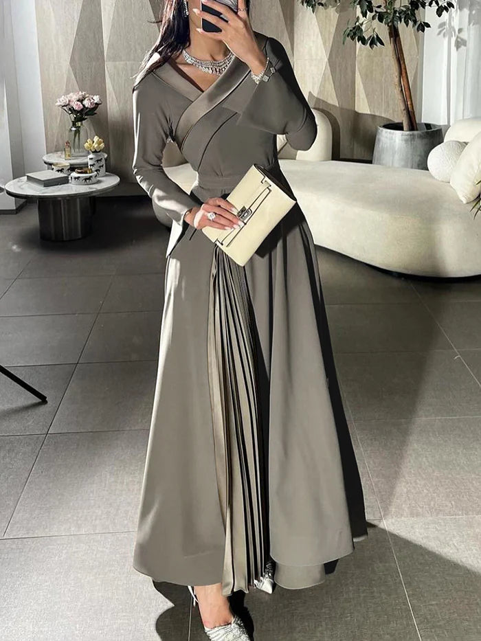 A-Line Wrap Pleated Solid Color Split-Joint V-Neck Maxi Dresses 158582 A-Line Wrap Pleated Solid Color Split-Joint V-Neck Maxi Dresses 158582