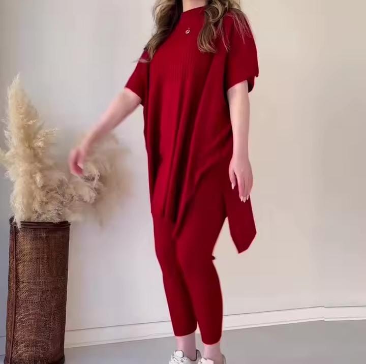 Women's Sweaters 2 Piece Set Short Sleeve Split Sweaters Loose Elastic Waist Pants B197683 Women's Sweaters 2 Piece Set Short Sleeve Split Sweaters Loose Elastic Waist Pants B197683