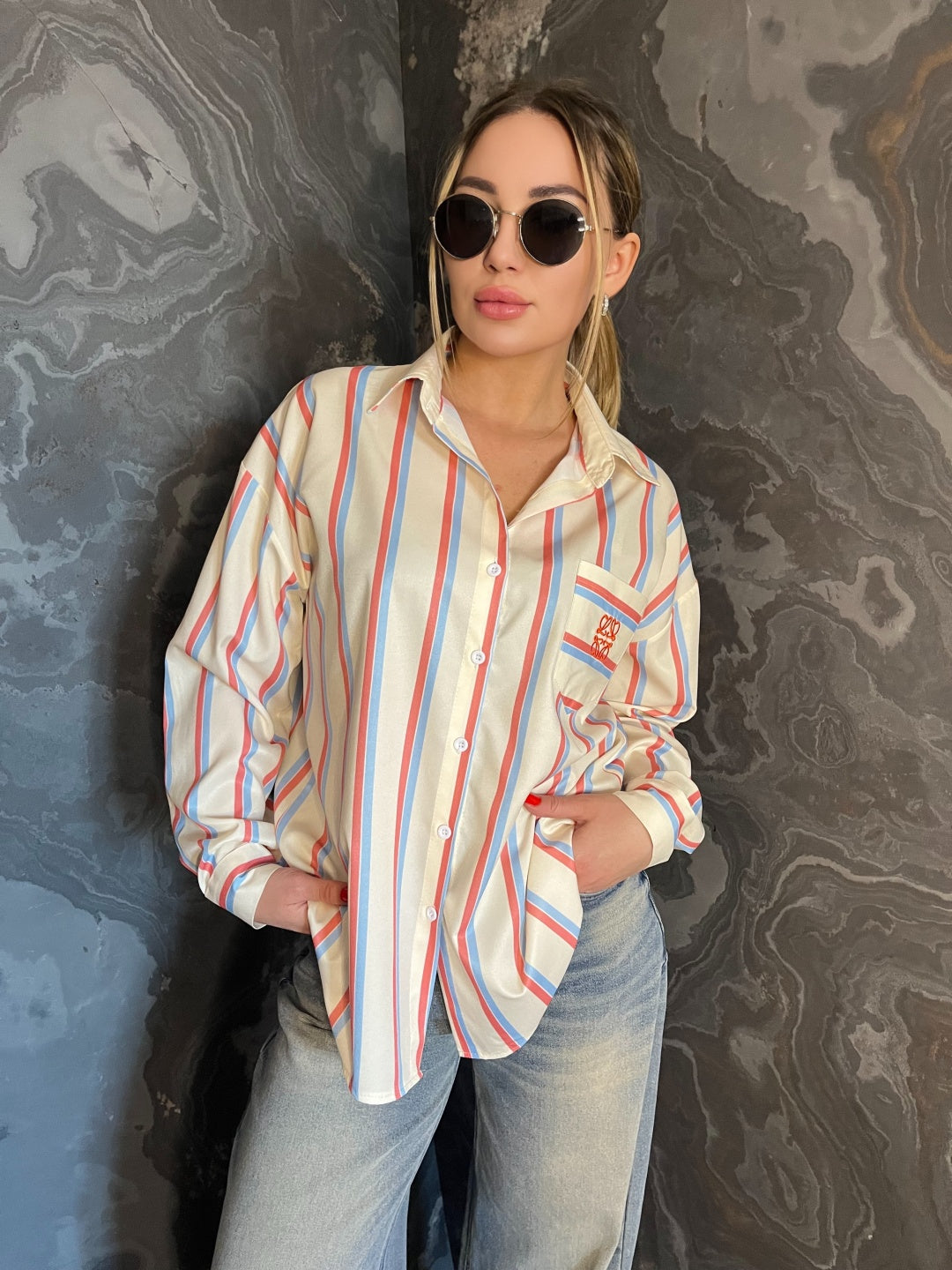 Korean Striped Long Sleeve Blouse Coat L9600 Korean Striped Long Sleeve Blouse Coat L9600