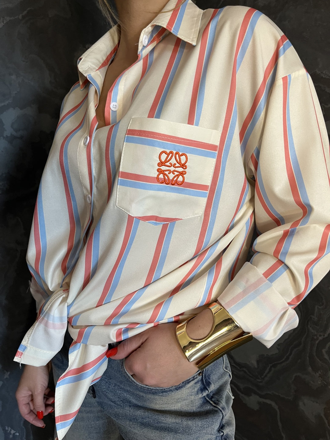 Korean Striped Long Sleeve Blouse Coat L9600 Korean Striped Long Sleeve Blouse Coat L9600
