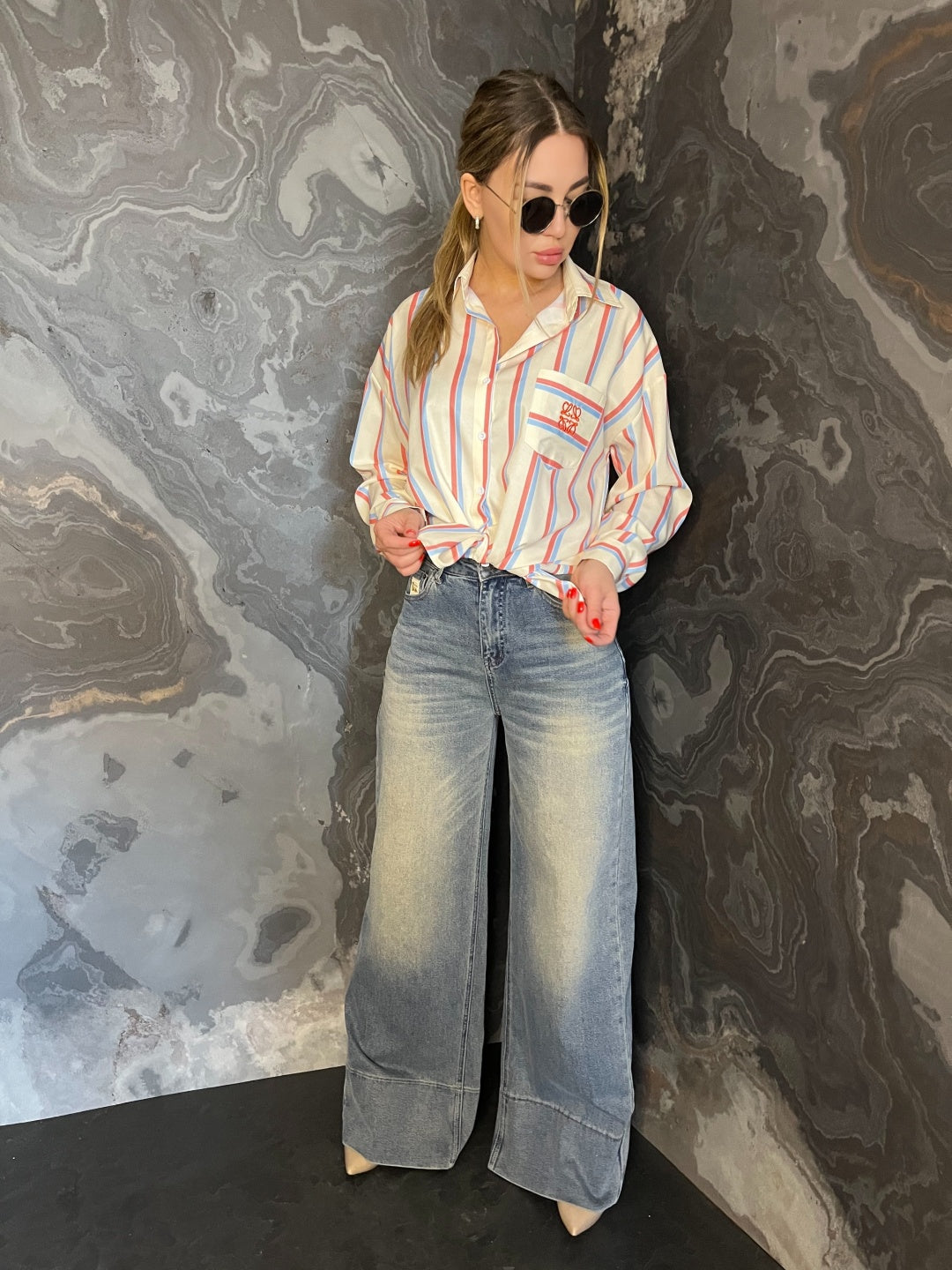 Korean Striped Long Sleeve Blouse Coat L9600 Korean Striped Long Sleeve Blouse Coat L9600
