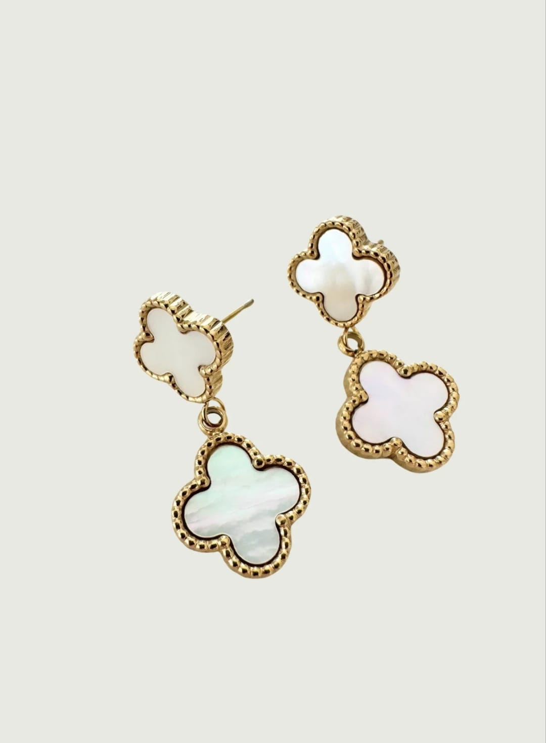 Gold Dipped Linked Clover Drop Earrings Marble White ER75 Gold Dipped Linked Clover Drop Earrings Marble White ER75