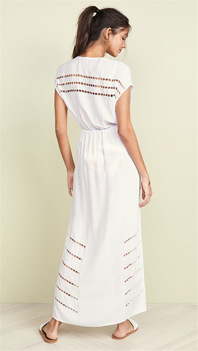 Sexy Striped Hollow Out White Cotton Summer Beach Tunic Women Plus Size Beachwear Self Belted Front Open Midi Dress XL S3928449 - Tuzzut.com Qatar Online Shopping