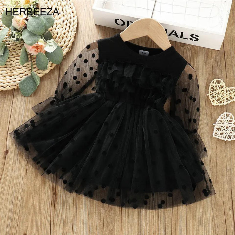 Summer Dress for Baby Girls Mesh skirt black polka dot long-sleeved princess dress 3-4 Years 19923819
