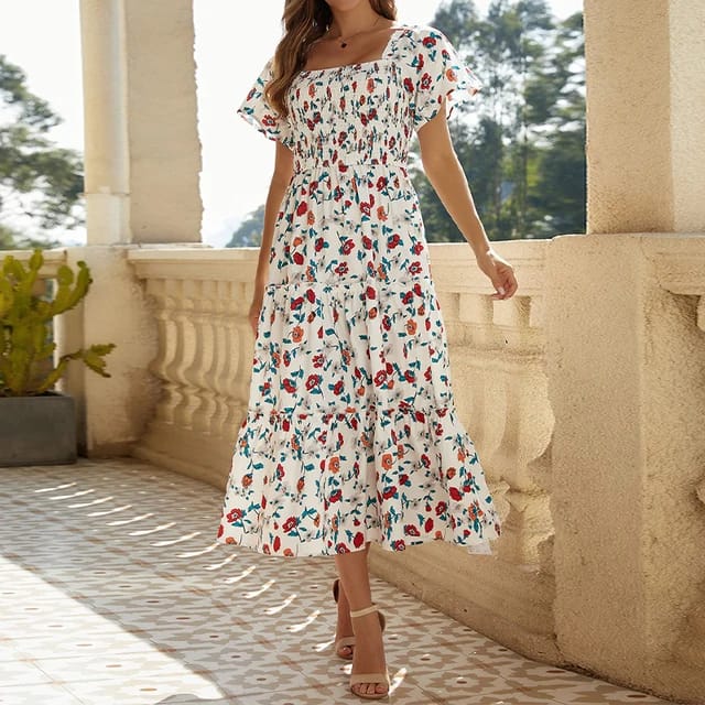 Women's Fashion Half Sleev Flower Printed Dress S B-24680