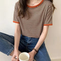 Blusas Mujer De Moda Stripe T Shirt Women Cotton Summer Ladies Tops Korean Style Short Sleeve Woman Clothes Tee Shirt Femme S4934501 - Tuzzut.com Qatar Online Shopping