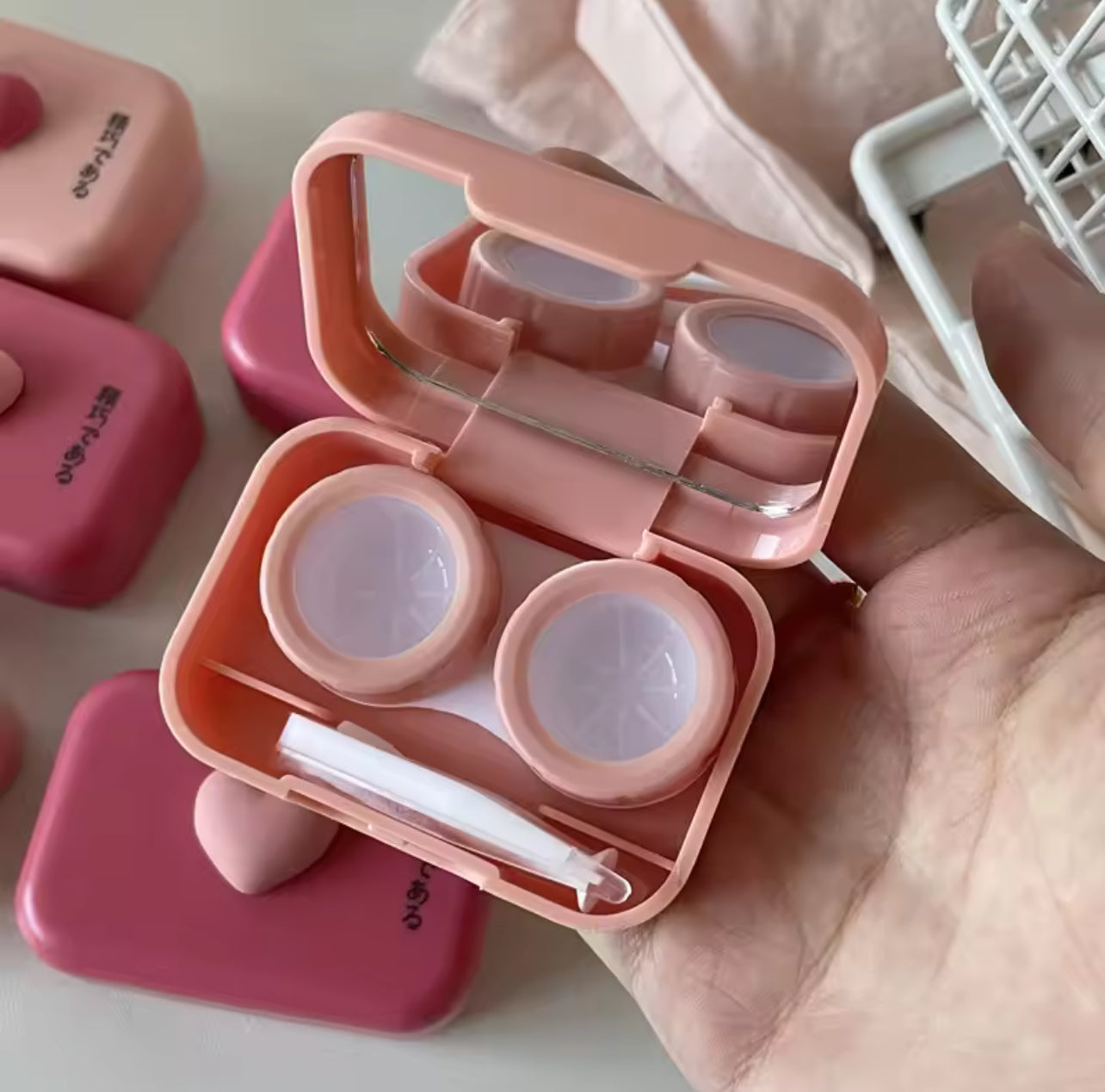 Pink Heart Square Contact Lenses Case with Tweezers Pink Heart Square Contact Lenses Case with Tweezers