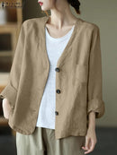 ZANZEA Fashion Women V Neck Long Sleeve Blazer Autumn Casual Buttons Down Outwear Casual Solid Cardigan Vintage Thin Coats L S4783619 - Tuzzut.com Qatar Online Shopping