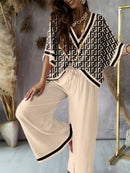 Urban Loose Printed V-Neck T-Shirts Tops& Drawstring Wide Leg Pants Suits M 110265 - TUZZUT Qatar Online Shopping
